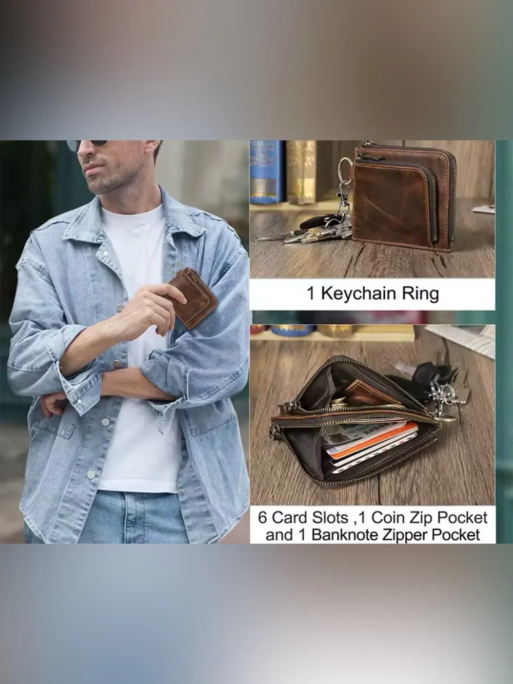 New Vintage Brown genuine Leather Zip Wallet with Keyring Accent